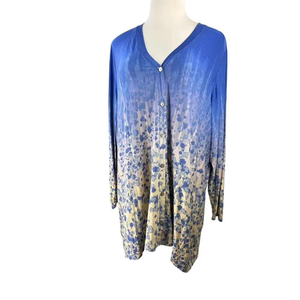 LOGO by Lori Goldstein Printed Ombre Knit Button Front Cardigan Plus Size 3X - Picture 3 of 15